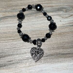 Floral Locket Charm Stretch Beaded Bracelet Silver Tone